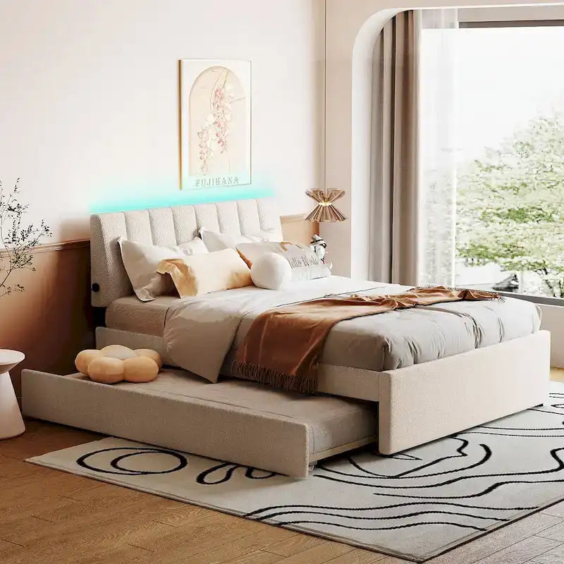 Full Size Teddy Fleece Platform Bed with Trundle Upholstered Bed Frame & Tufted Headboard Bunk Bed, Space-Saving, Easy Assembly