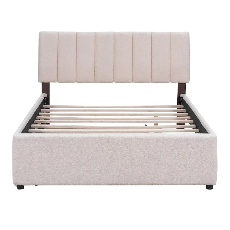 Full Size Teddy Fleece Platform Bed with Trundle Upholstered Bed Frame & Tufted Headboard Bunk Bed, Space-Saving, Easy Assembly