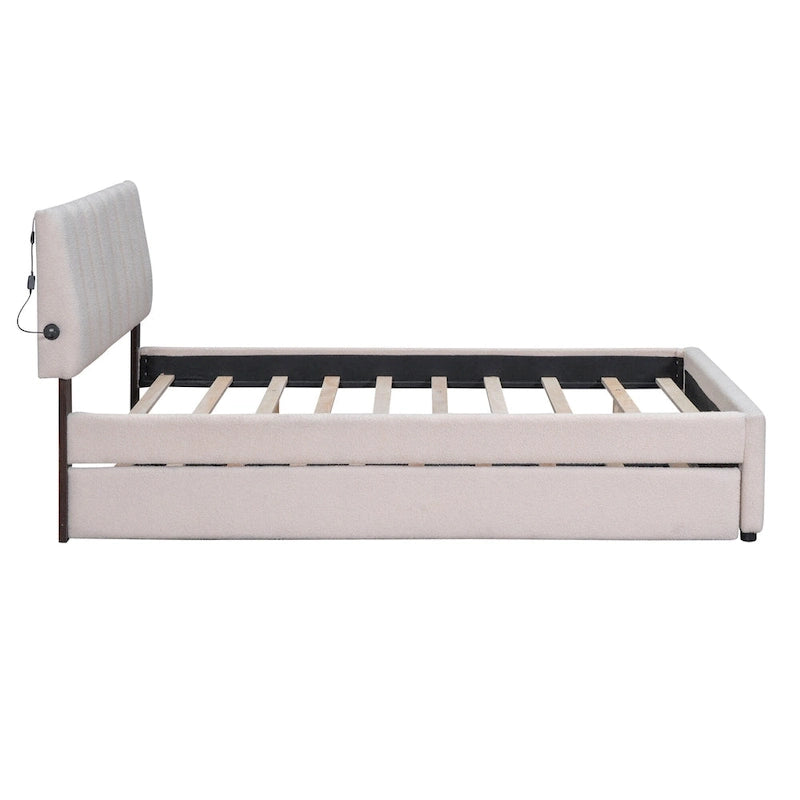 Full Size Teddy Fleece Platform Bed with Trundle Upholstered Bed Frame & Tufted Headboard Bunk Bed, Space-Saving, Easy Assembly