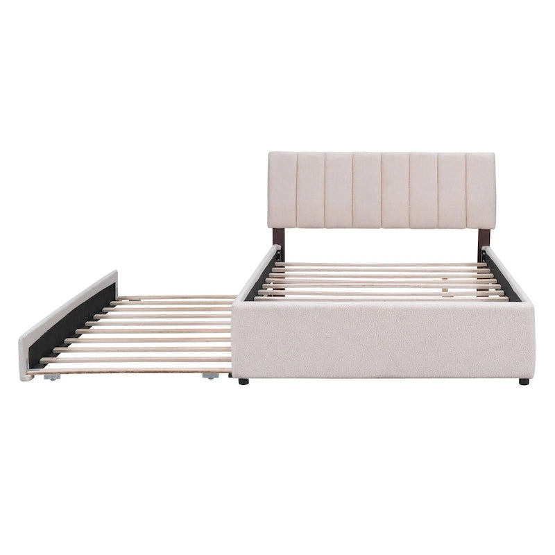 Full Size Teddy Fleece Platform Bed with Trundle Upholstered Bed Frame & Tufted Headboard Bunk Bed, Space-Saving, Easy Assembly