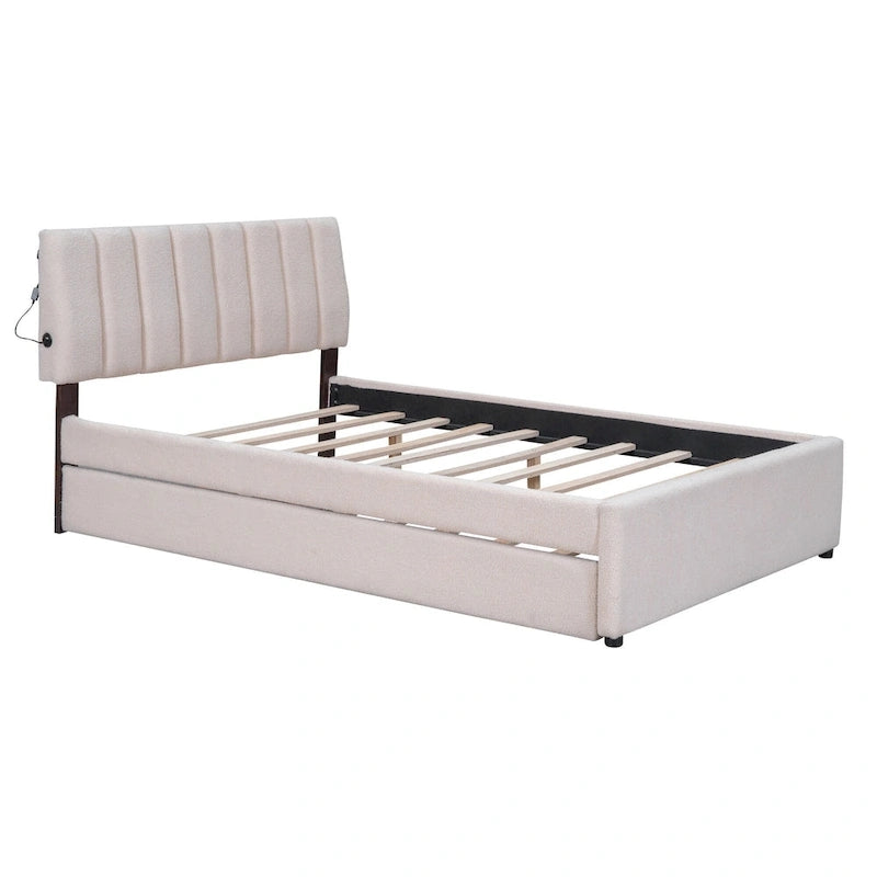 Full Size Teddy Fleece Platform Bed with Trundle Upholstered Bed Frame & Tufted Headboard Bunk Bed, Space-Saving, Easy Assembly