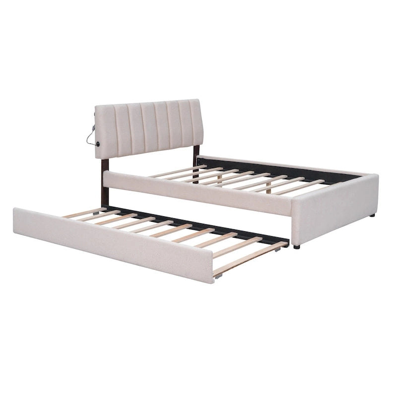 Full Size Teddy Fleece Platform Bed with Trundle Upholstered Bed Frame & Tufted Headboard Bunk Bed, Space-Saving, Easy Assembly