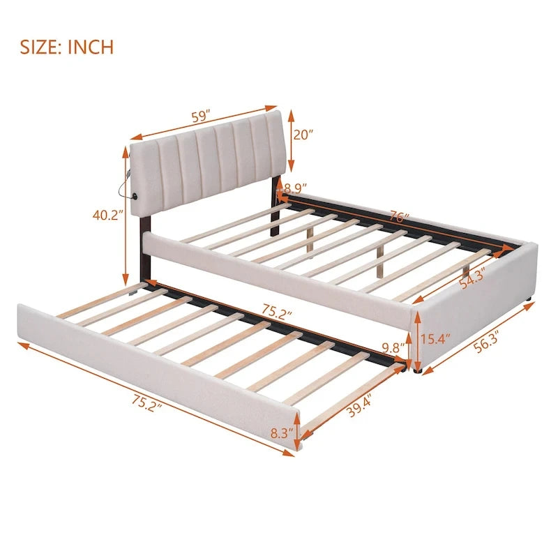 Full Size Teddy Fleece Platform Bed with Trundle Upholstered Bed Frame & Tufted Headboard Bunk Bed, Space-Saving, Easy Assembly