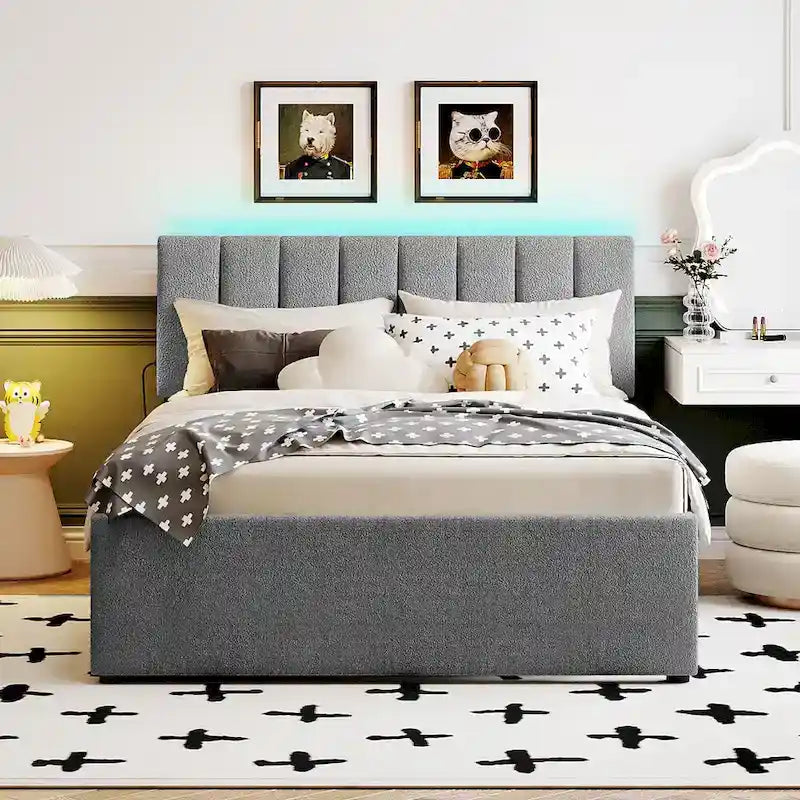 Full Size Teddy Fleece Platform Bed with Trundle Upholstered Bed Frame & Tufted Headboard Bunk Bed, Space-Saving, Easy Assembly