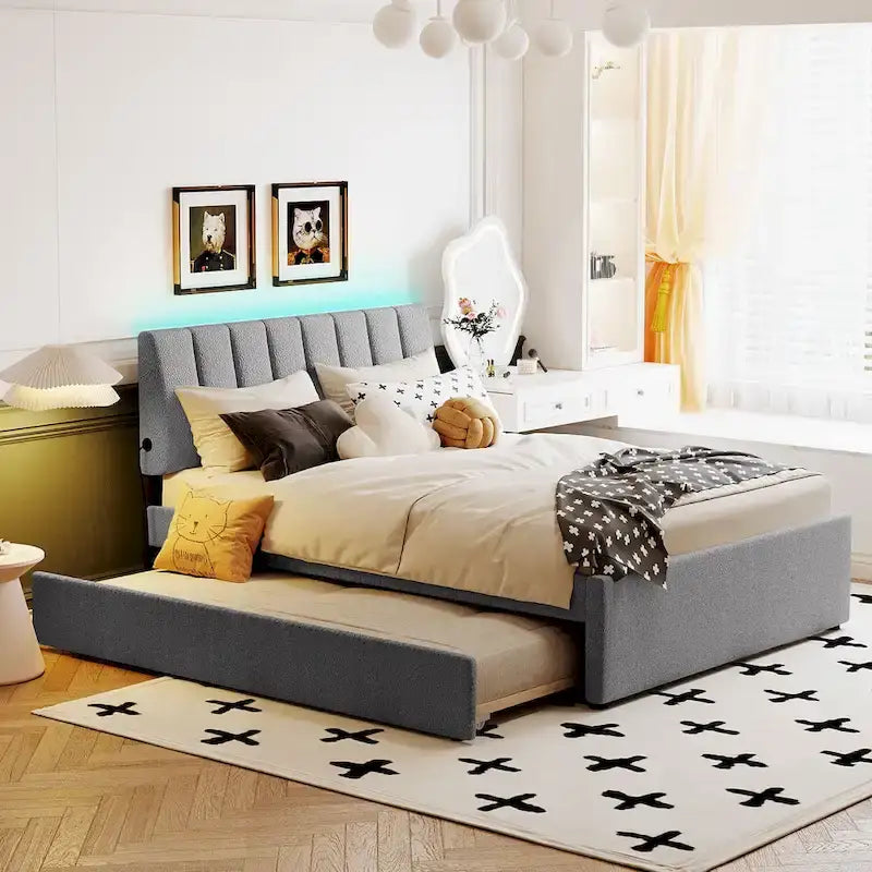 Full Size Teddy Fleece Platform Bed with Trundle Upholstered Bed Frame & Tufted Headboard Bunk Bed, Space-Saving, Easy Assembly