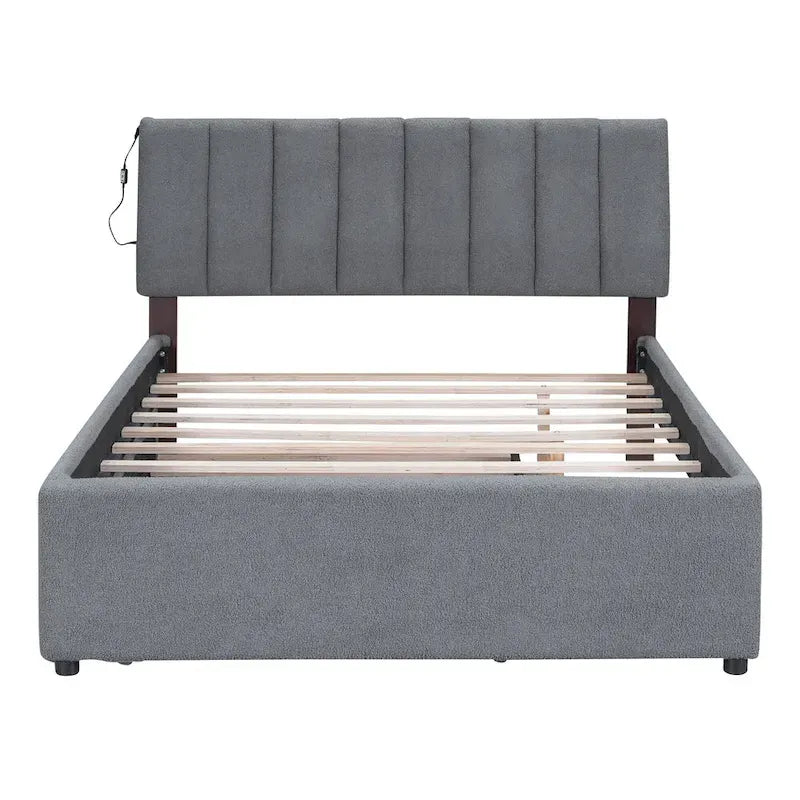 Full Size Teddy Fleece Platform Bed with Trundle Upholstered Bed Frame & Tufted Headboard Bunk Bed, Space-Saving, Easy Assembly