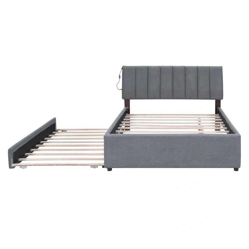 Full Size Teddy Fleece Platform Bed with Trundle Upholstered Bed Frame & Tufted Headboard Bunk Bed, Space-Saving, Easy Assembly