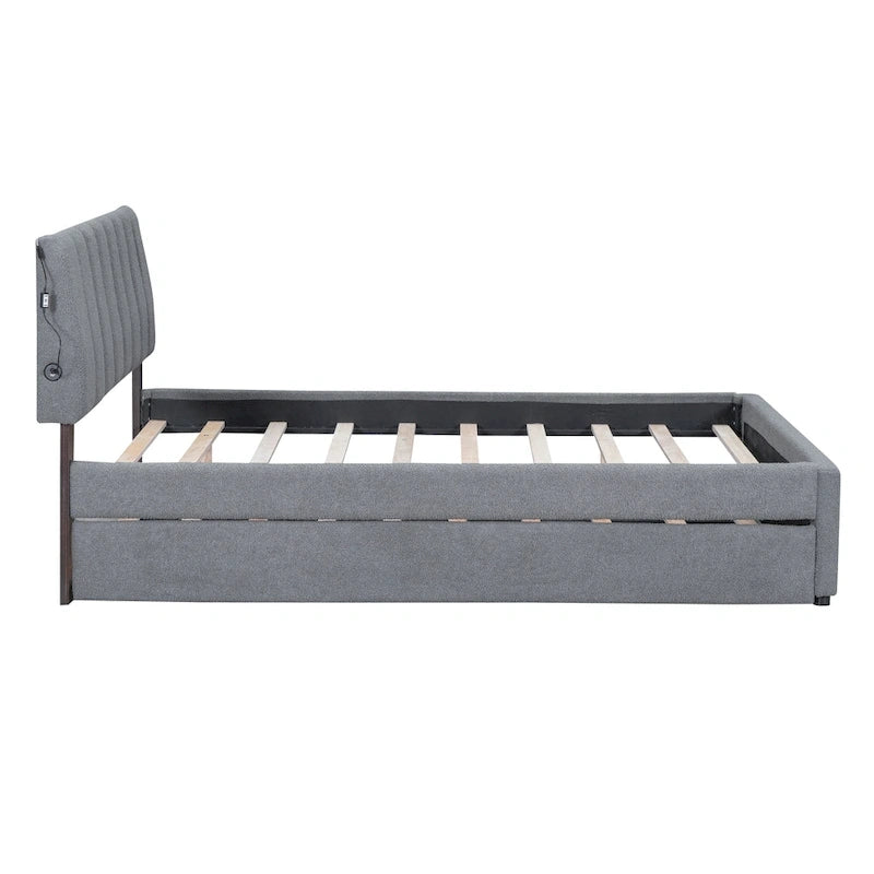 Full Size Teddy Fleece Platform Bed with Trundle Upholstered Bed Frame & Tufted Headboard Bunk Bed, Space-Saving, Easy Assembly