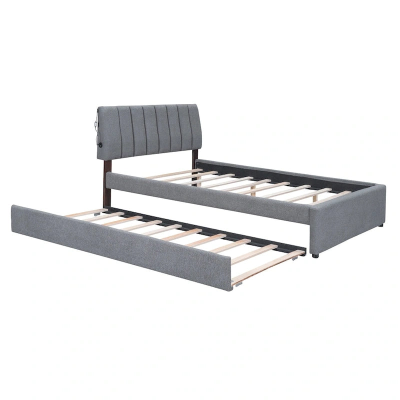 Full Size Teddy Fleece Platform Bed with Trundle Upholstered Bed Frame & Tufted Headboard Bunk Bed, Space-Saving, Easy Assembly