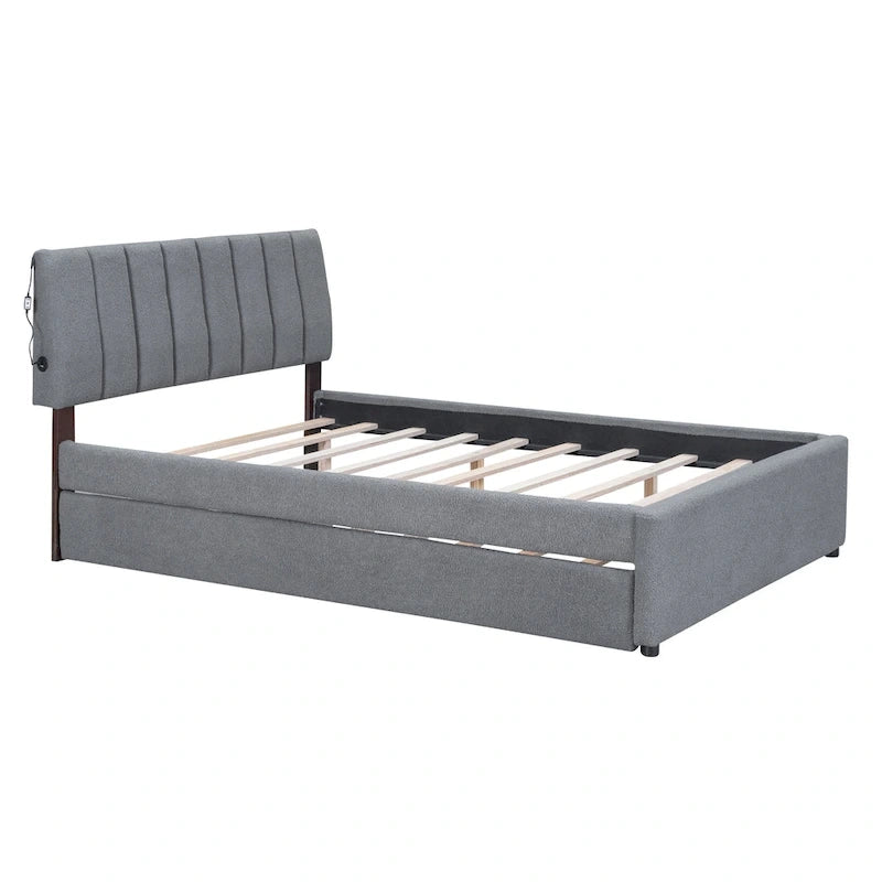 Full Size Teddy Fleece Platform Bed with Trundle Upholstered Bed Frame & Tufted Headboard Bunk Bed, Space-Saving, Easy Assembly