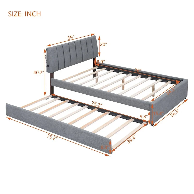 Full Size Teddy Fleece Platform Bed with Trundle Upholstered Bed Frame & Tufted Headboard Bunk Bed, Space-Saving, Easy Assembly