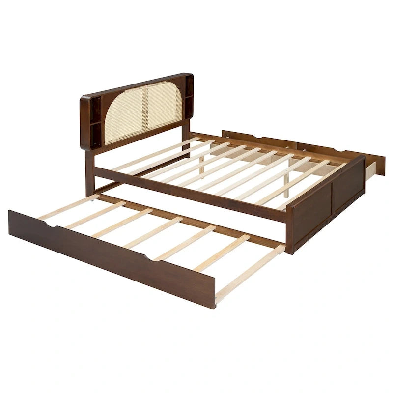Queen Size Rattan Headboard Bed with Two Storage Drawers and Trundle, Walnut
