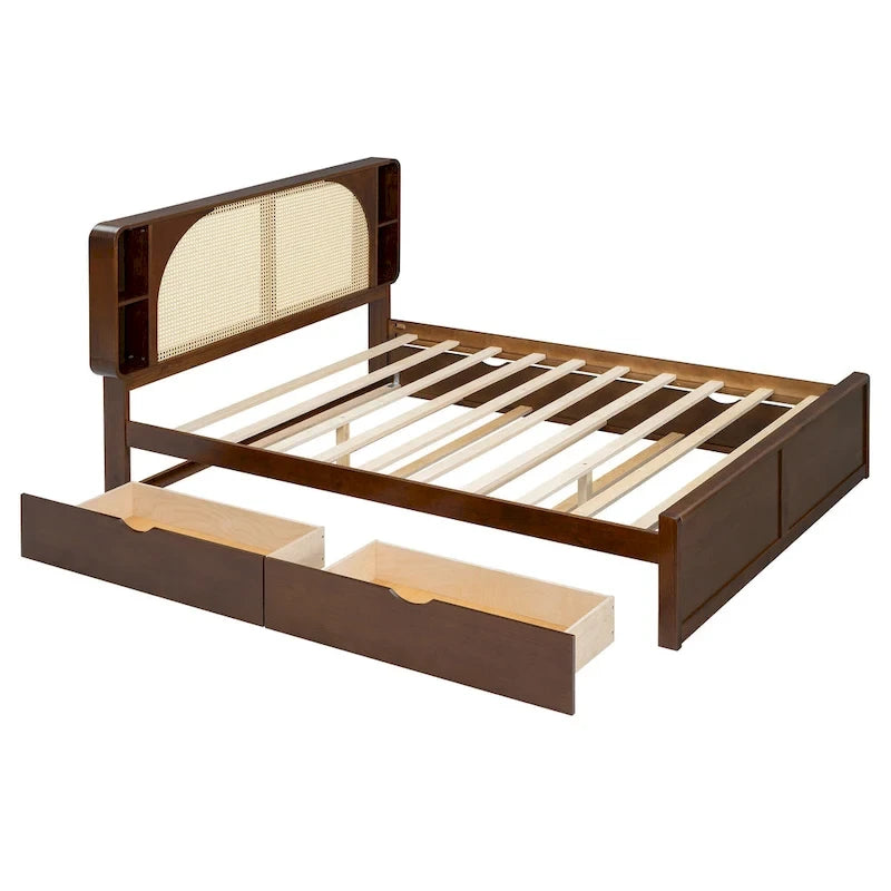 Queen Size Rattan Headboard Bed with Two Storage Drawers and Trundle, Walnut