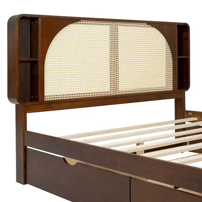 Queen Size Rattan Headboard Bed with Two Storage Drawers and Trundle, Walnut
