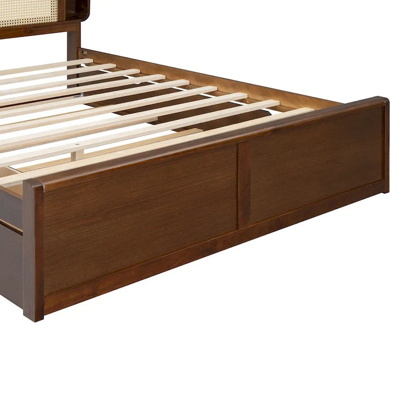 Queen Size Rattan Headboard Bed with Two Storage Drawers and Trundle, Walnut