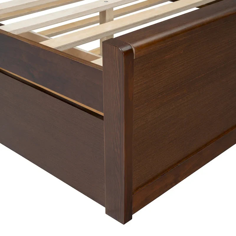 Queen Size Rattan Headboard Bed with Two Storage Drawers and Trundle, Walnut
