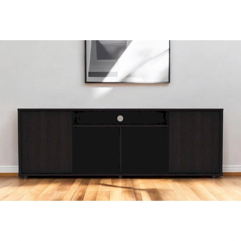 Modern Black TV Stand for 65 Inch TVs with Cabinets and Open Shelves and Wenge Wood Finish