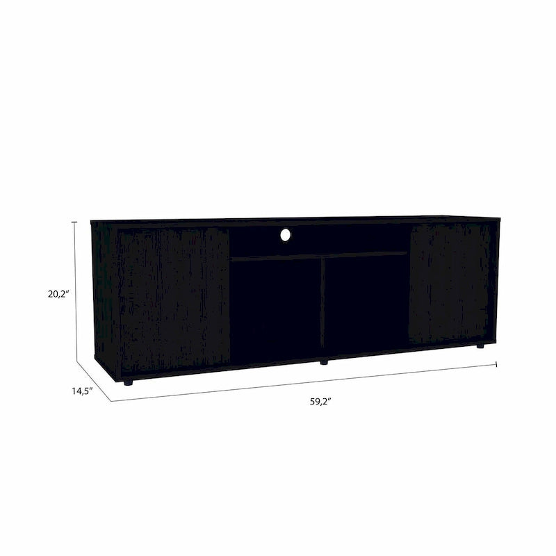 Modern Black TV Stand for 65 Inch TVs with Cabinets and Open Shelves and Wenge Wood Finish
