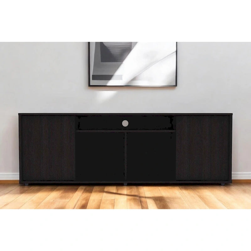 Modern Black TV Stand for 65 Inch TVs with Cabinets and Open Shelves and Wenge Wood Finish
