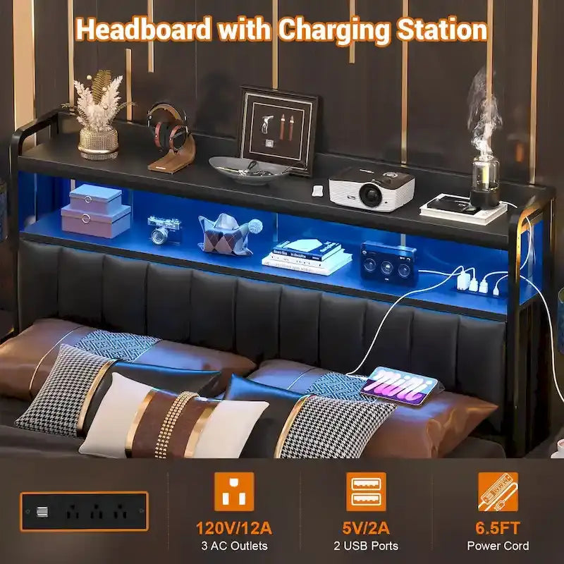 Upholstered Headboards with Charge Station and LED Light, Height Adjustable Head Board with Storage