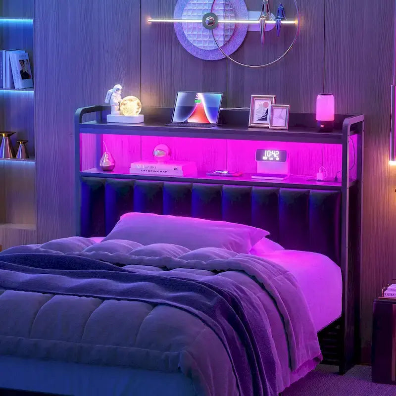 Upholstered Headboards with Charge Station and LED Light, Height Adjustable Head Board with Storage