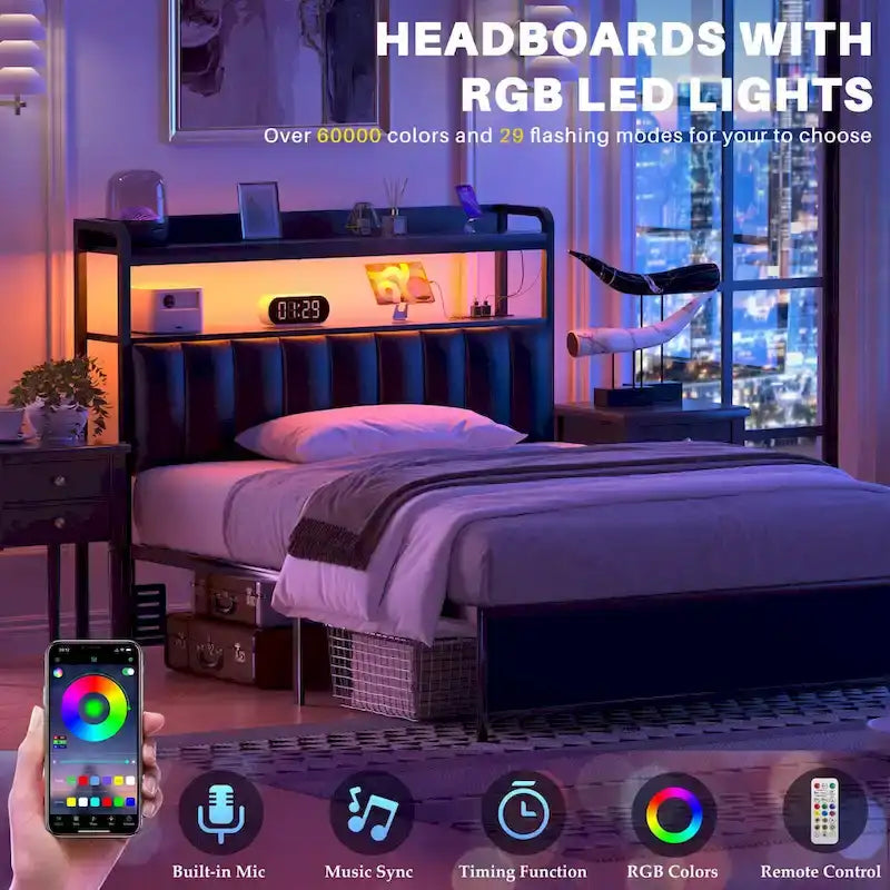 Upholstered Headboards with Charge Station and LED Light, Height Adjustable Head Board with Storage