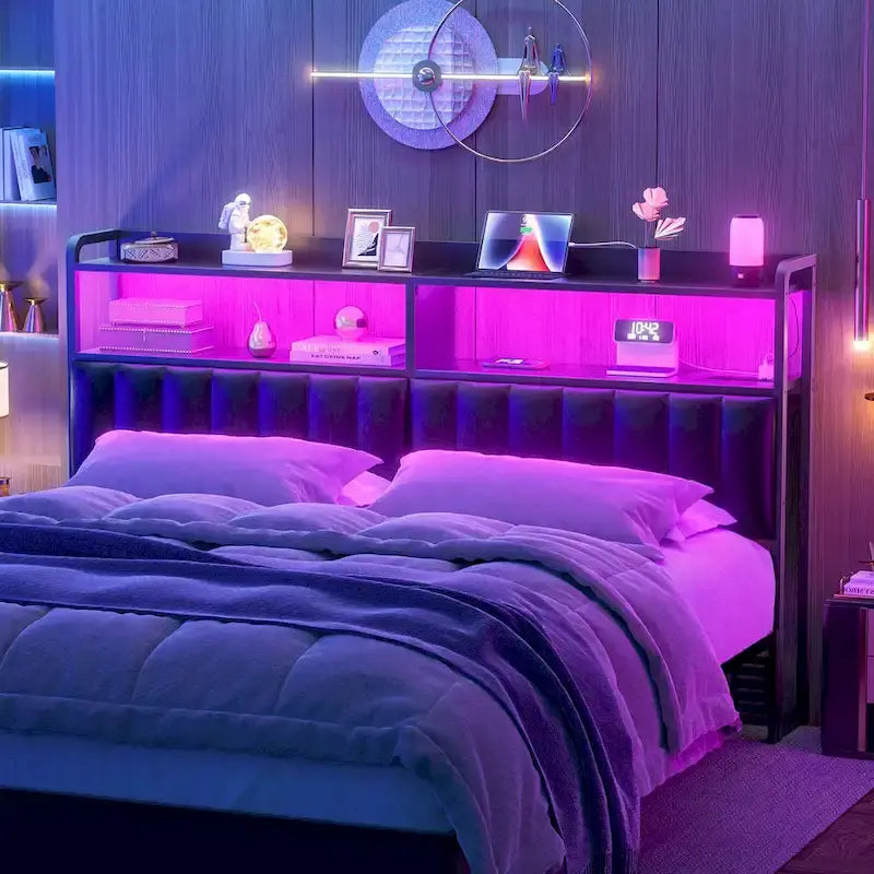 Upholstered Headboards with Charge Station and LED Light, Height Adjustable Head Board with Storage