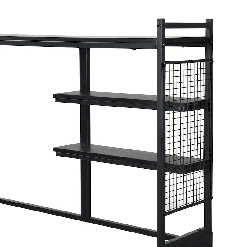 Versatile Daybed with Movable Desk, Metal Sofa Bed Frame with Metal Grid, Shelves and Clothes Hanger, No Box Spring Needed