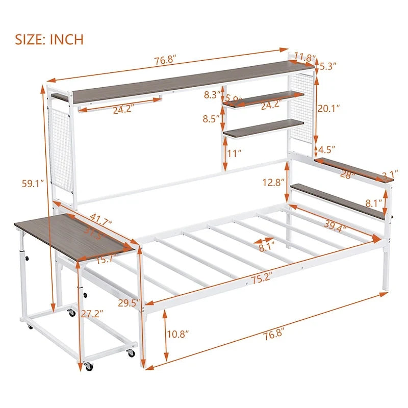 Versatile Daybed with Movable Desk, Metal Sofa Bed Frame with Metal Grid, Shelves and Clothes Hanger, No Box Spring Needed
