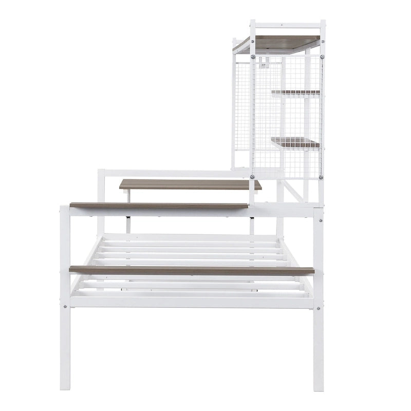 Versatile Daybed with Movable Desk, Metal Sofa Bed Frame with Metal Grid, Shelves and Clothes Hanger, No Box Spring Needed