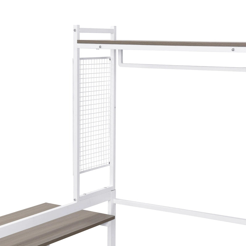Versatile Daybed with Movable Desk, Metal Sofa Bed Frame with Metal Grid, Shelves and Clothes Hanger, No Box Spring Needed