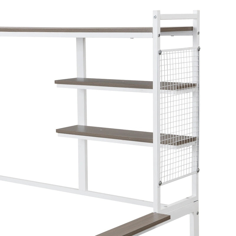 Versatile Daybed with Movable Desk, Metal Sofa Bed Frame with Metal Grid, Shelves and Clothes Hanger, No Box Spring Needed