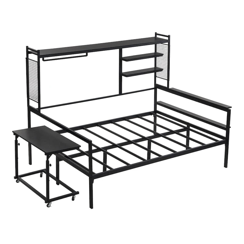 Versatile Daybed with Movable Desk, Metal Sofa Bed Frame with Metal Grid, Shelves and Clothes Hanger, No Box Spring Needed
