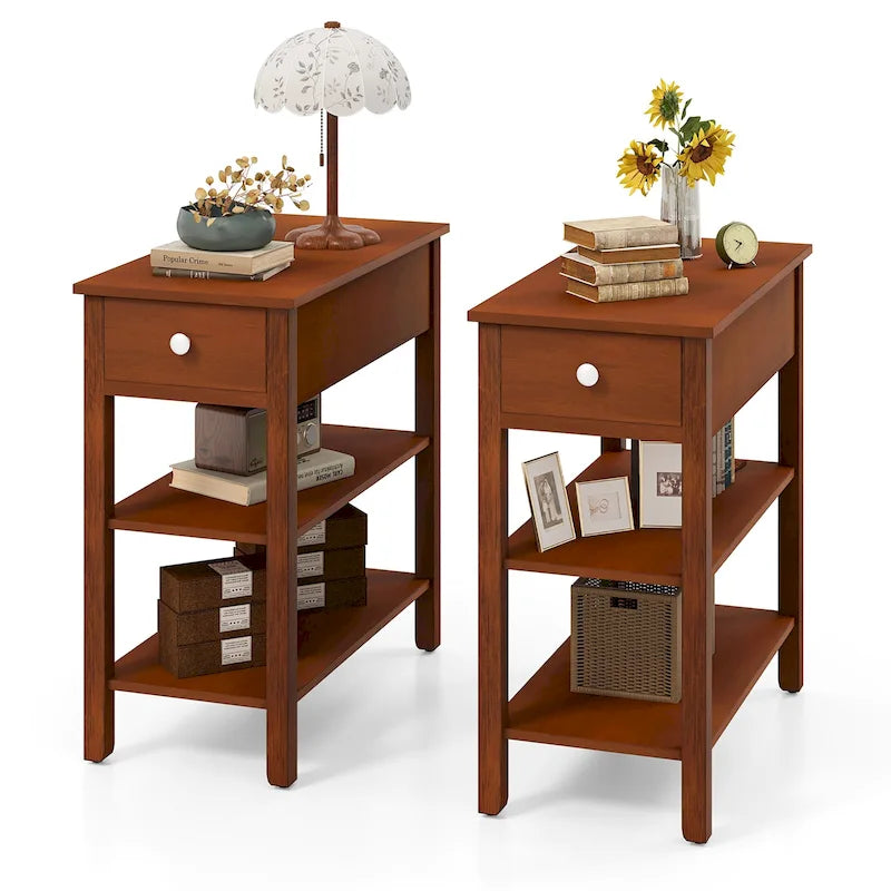 2 PCS Narrow End Tables w/Drawer Shelves & Rubber Wood Legs Sofa