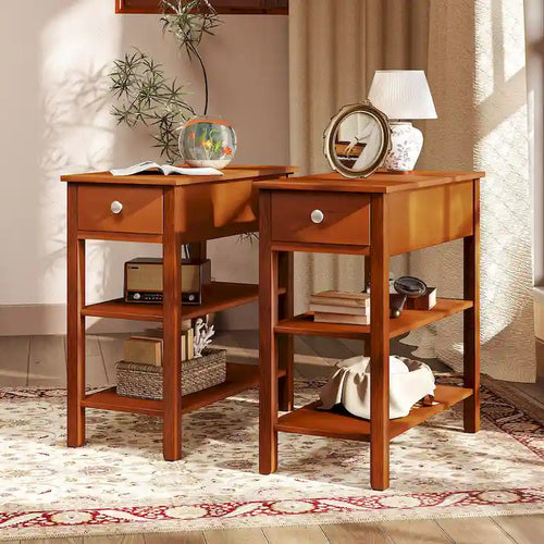 2 PCS Narrow End Tables w/Drawer Shelves & Rubber Wood Legs Sofa