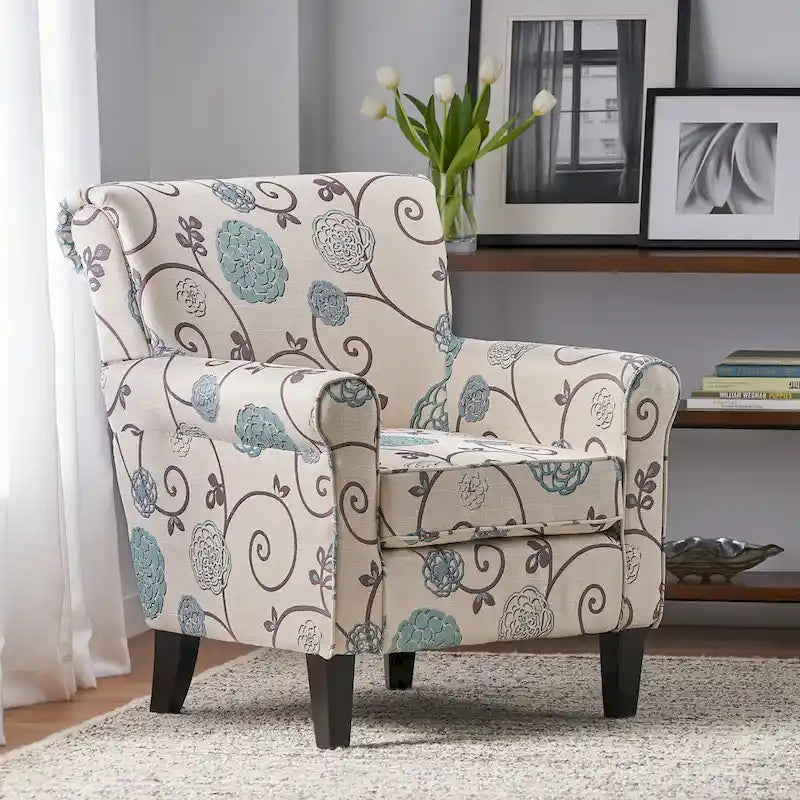 White+Blue Modern 31.75 Upholstered Club Chair with Tapered Birch Wood Legs for Living Room