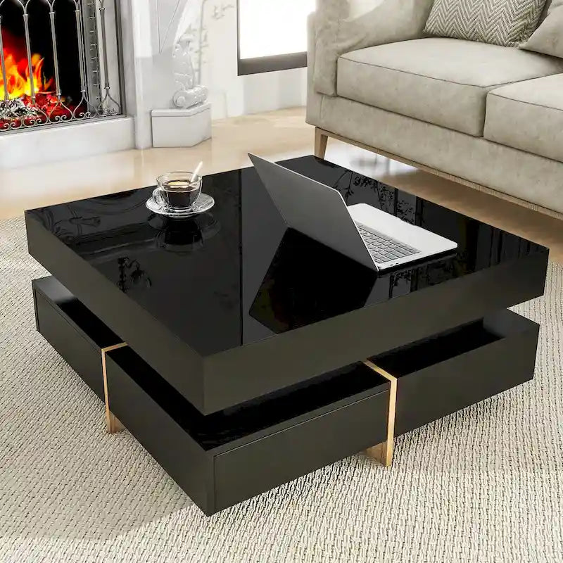 Modern High Gloss Coffee Table With 4-drawers - 31.50 x 31.50 x 13.70
