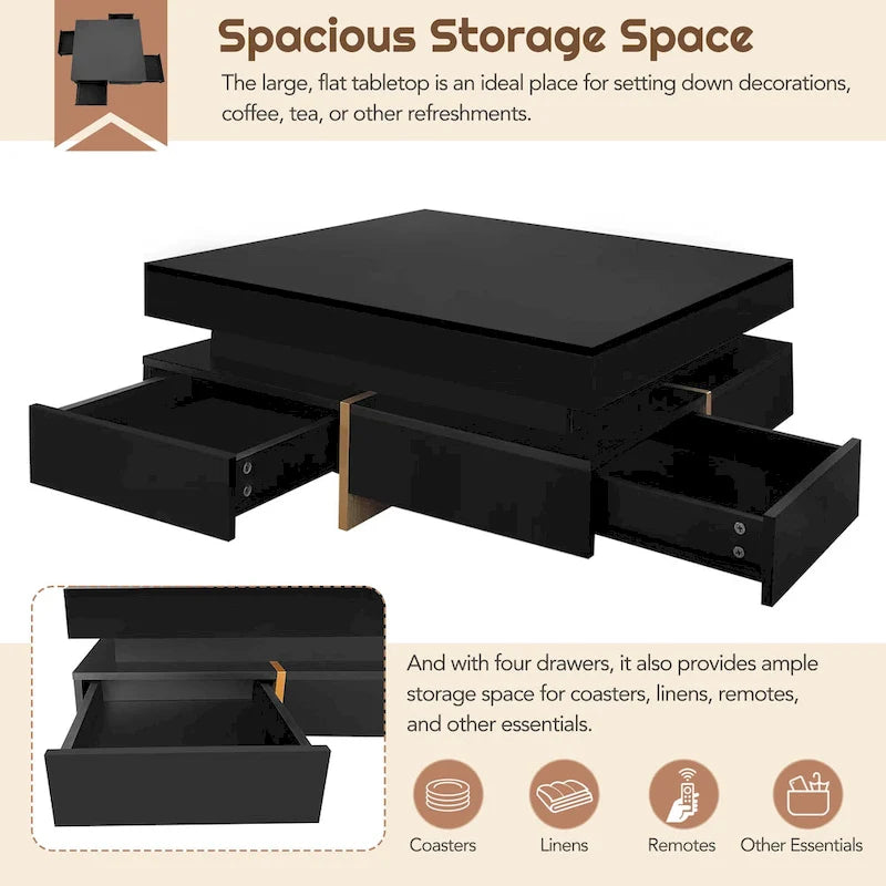 Modern High Gloss Coffee Table With 4-drawers - 31.50 x 31.50 x 13.70