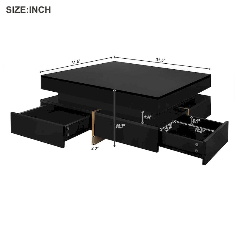 Modern High Gloss Coffee Table With 4-drawers - 31.50 x 31.50 x 13.70