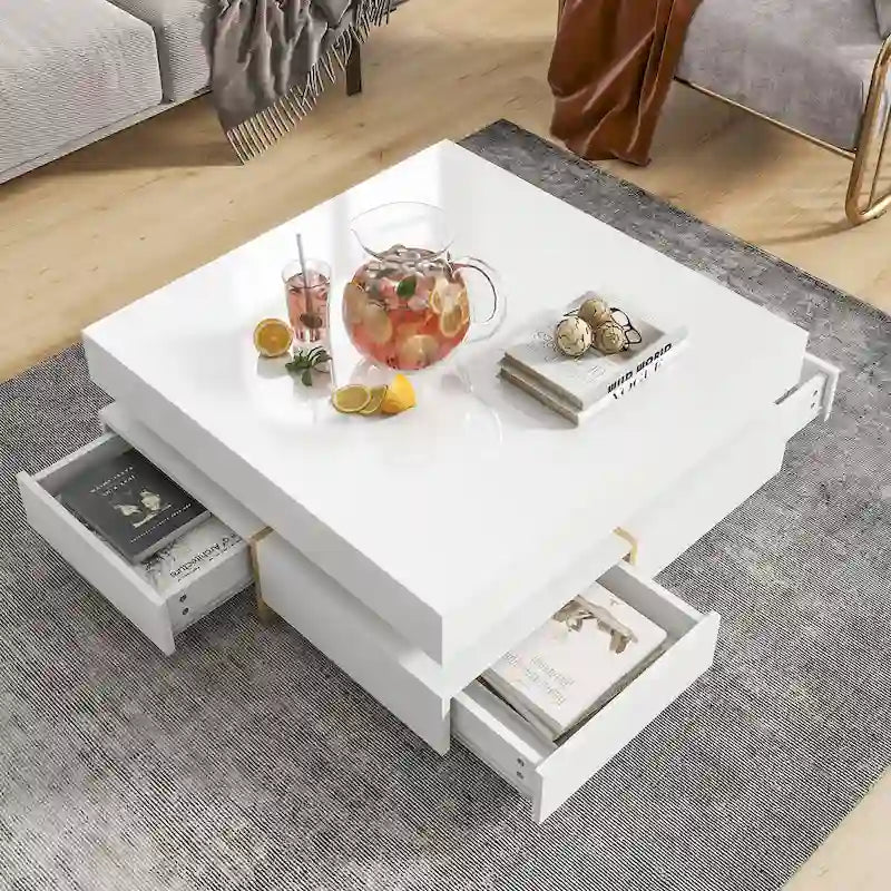 Modern High Gloss Coffee Table With 4-drawers - 31.50 x 31.50 x 13.70