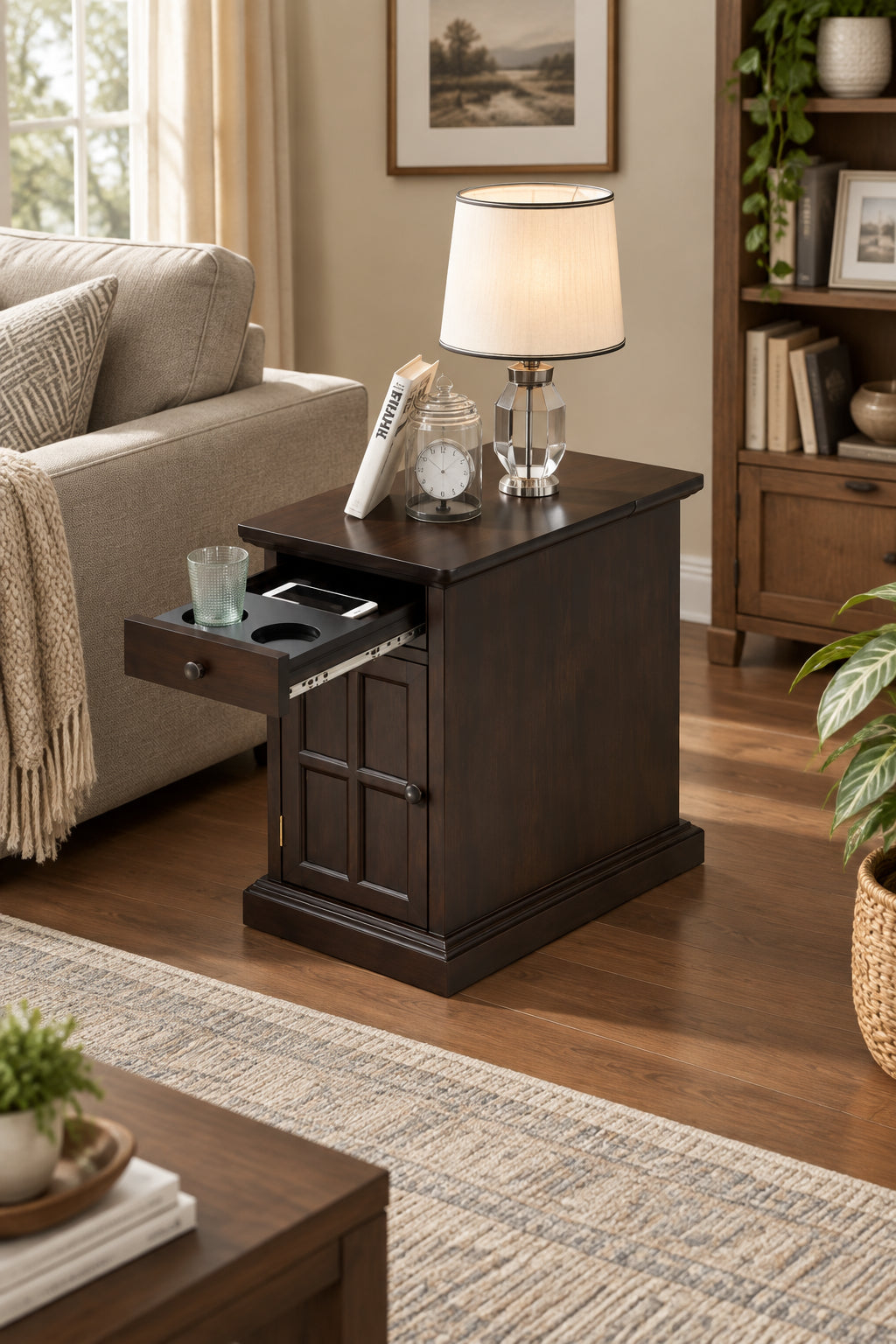 Classic Vintage Livingroom End Table Side Table with USB Ports and One Multifunctional Drawer with cup holders