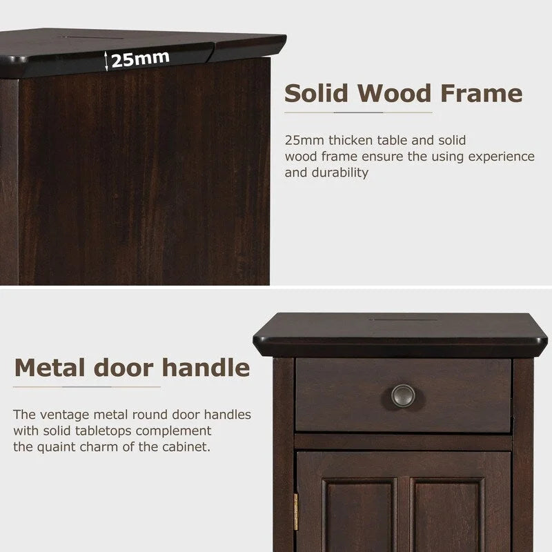 Classic Vintage Livingroom End Table Side Table with USB Ports and One Multifunctional Drawer with cup holders
