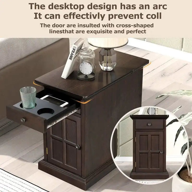 Classic Vintage Livingroom End Table Side Table with USB Ports and One Multifunctional Drawer with cup holders