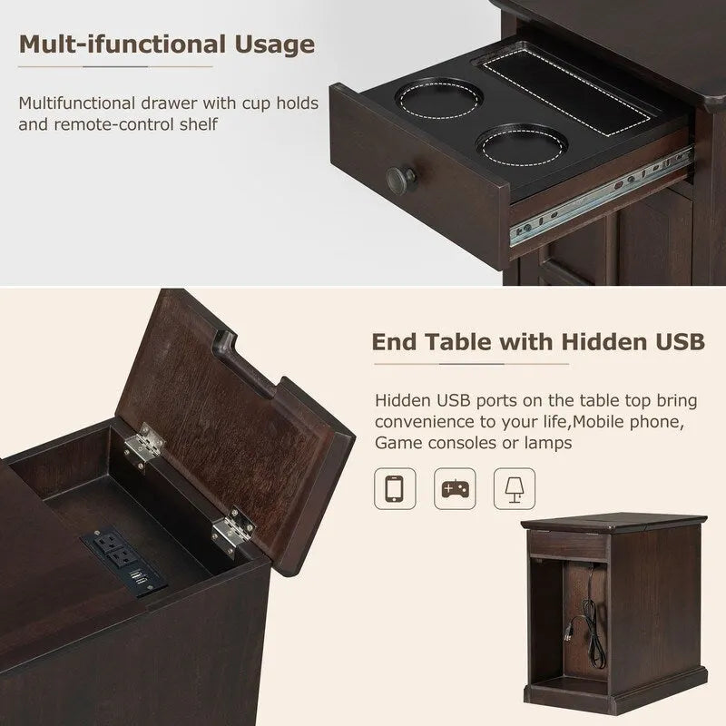 Classic Vintage Livingroom End Table Side Table with USB Ports and One Multifunctional Drawer with cup holders
