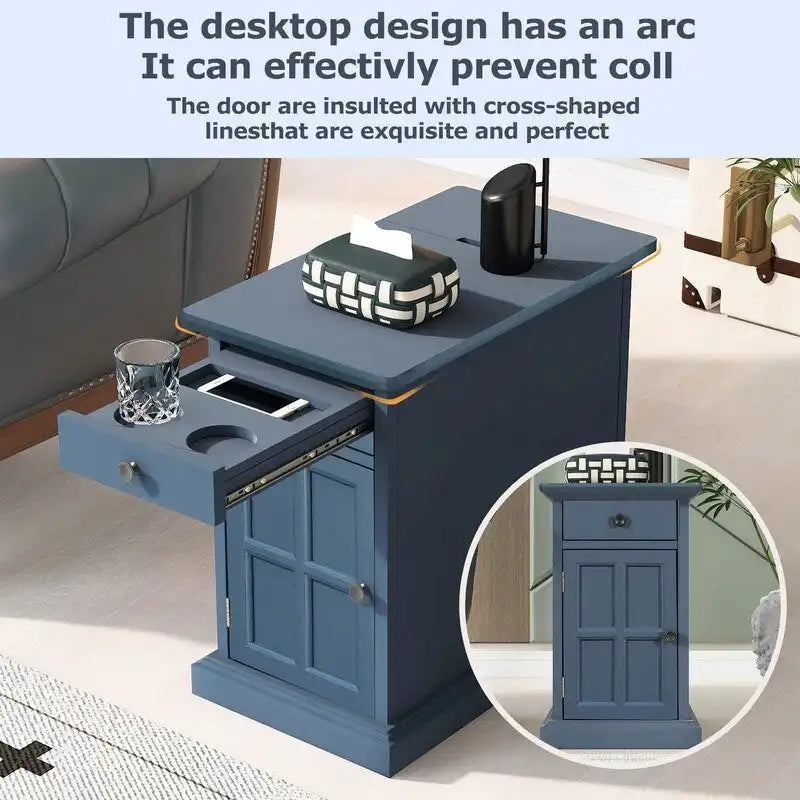 Classic Vintage Livingroom End Table Side Table with USB Ports and One Multifunctional Drawer with cup holders