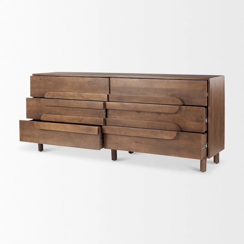 Medium Brown Solid Mango Wood 6 Drawer Sideboard - 74.3L x19.8W x 29.5H