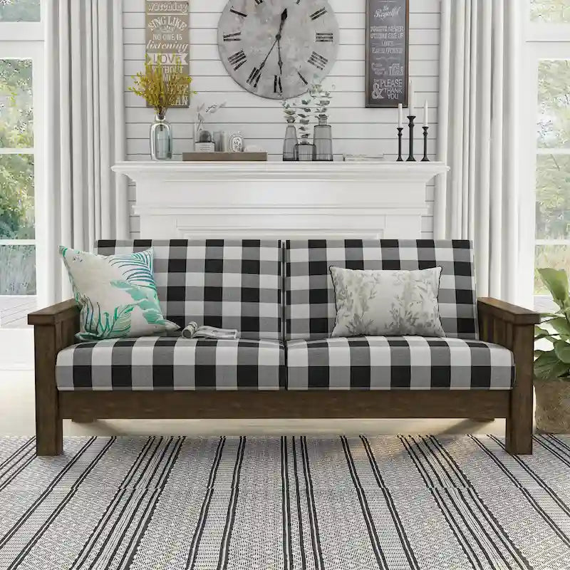 Farmhouse Rustic Oak Fabric Upholstered Wooden Arms Sofa