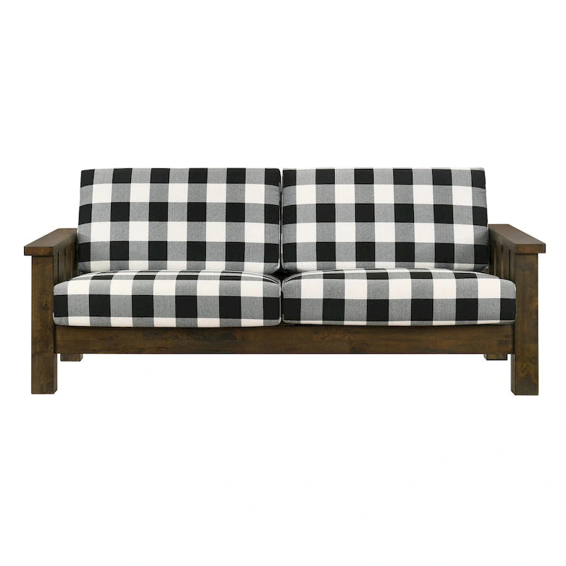 Farmhouse Rustic Oak Fabric Upholstered Wooden Arms Sofa