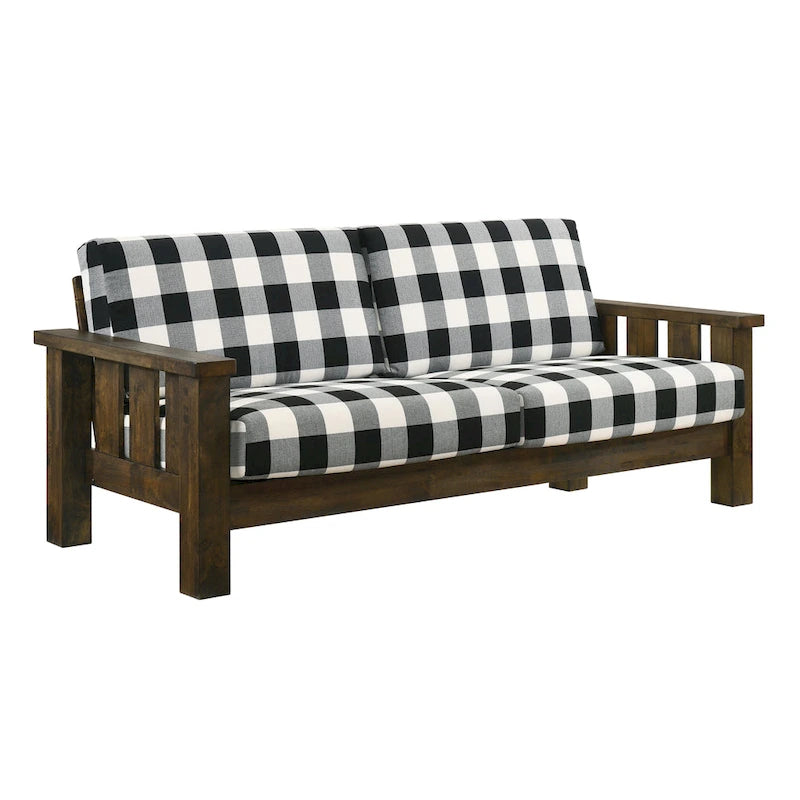 Farmhouse Rustic Oak Fabric Upholstered Wooden Arms Sofa