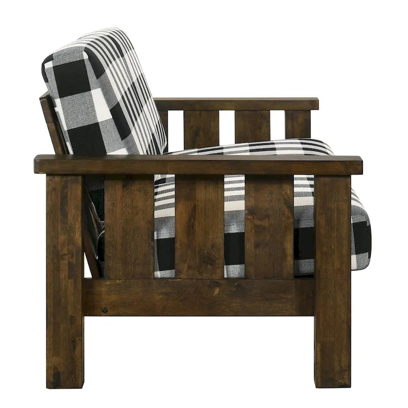 Farmhouse Rustic Oak Fabric Upholstered Wooden Arms Sofa